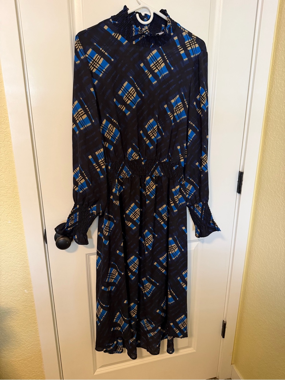 Nanette Lepore Navy Blue and Tan Plaid Long-Sleeve Midi Dress